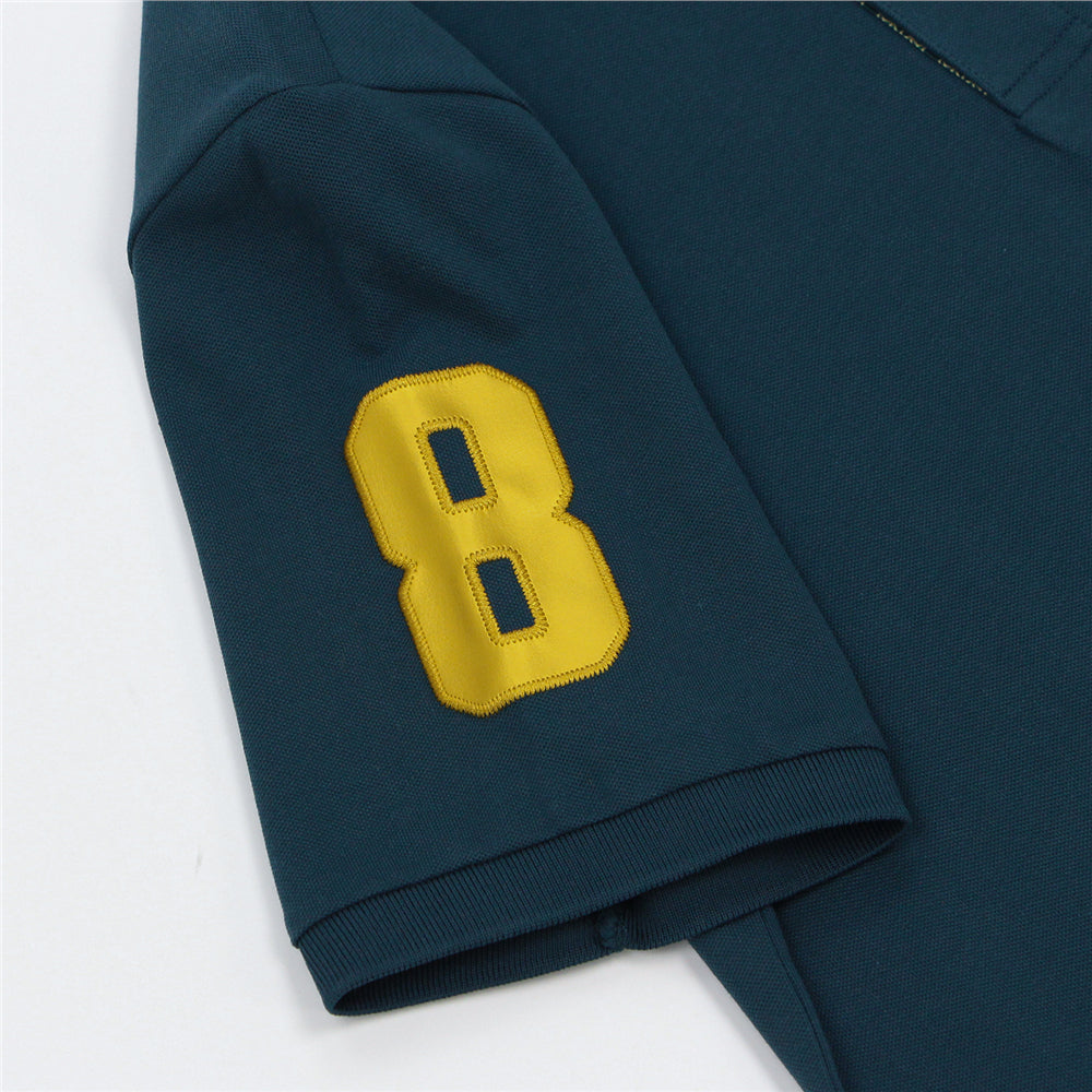 قميص بولو نابليون قصير الأكمام مطرز بتطريز رفيع، مصنوع من قماش البيكيه القطني/الليكرا، بياقة محبوكة مسطحة