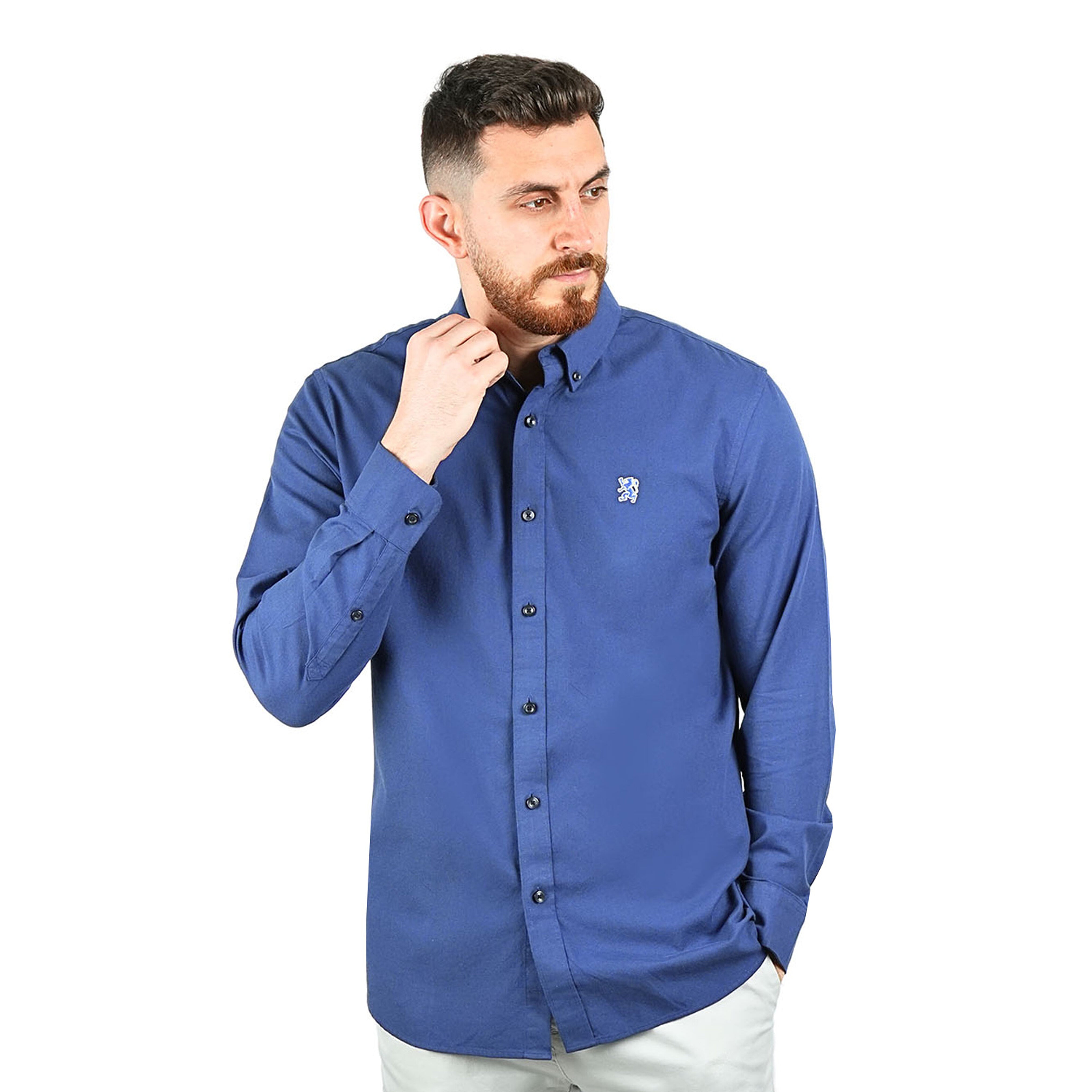 قميص قطني أكسفورد بأكمام طويلة وقصة ضيقة مطرزة، قابل للغسل