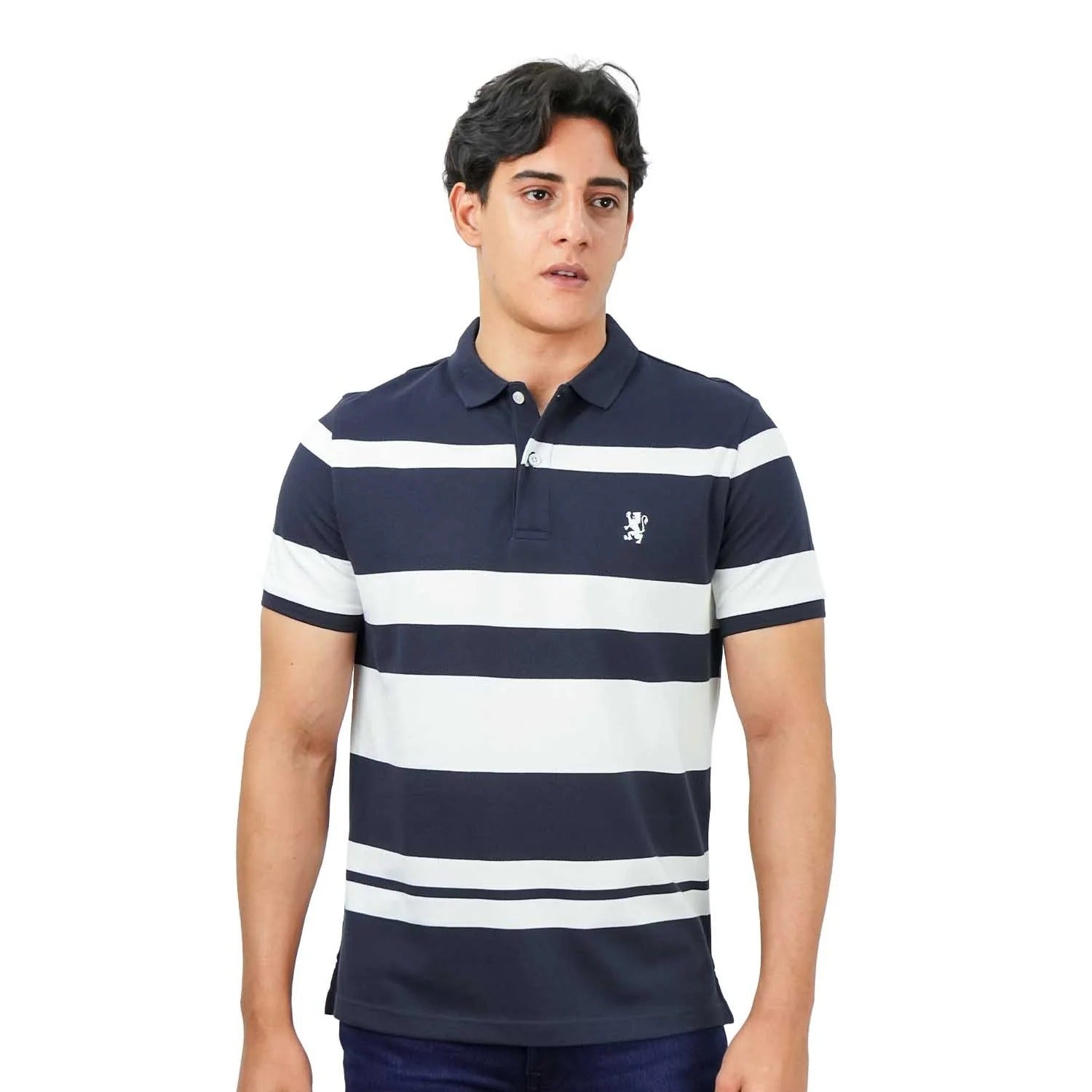 Cotton Pique Flat Knitted Collar Short Sleeve Stripe Polo