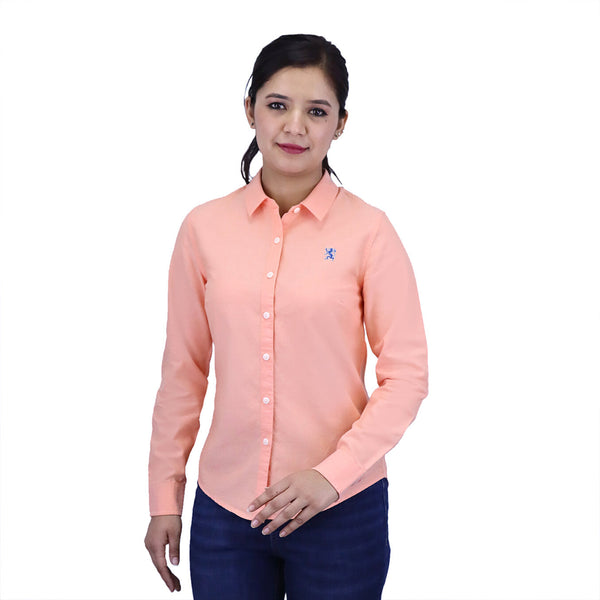 Women Cotton Oxford Collar Long Sleeve Slim Embroidery Garment Wash Shirt