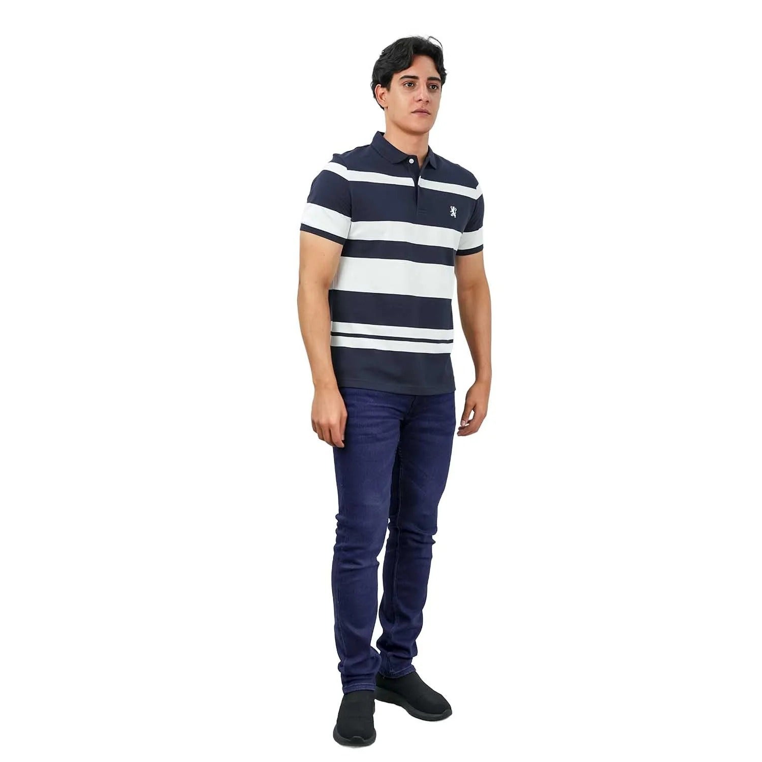 Cotton Pique Flat Knitted Collar Short Sleeve Stripe Polo