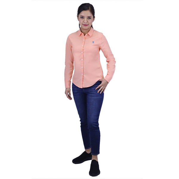 Women Cotton Oxford Collar Long Sleeve Slim Embroidery Garment Wash Shirt