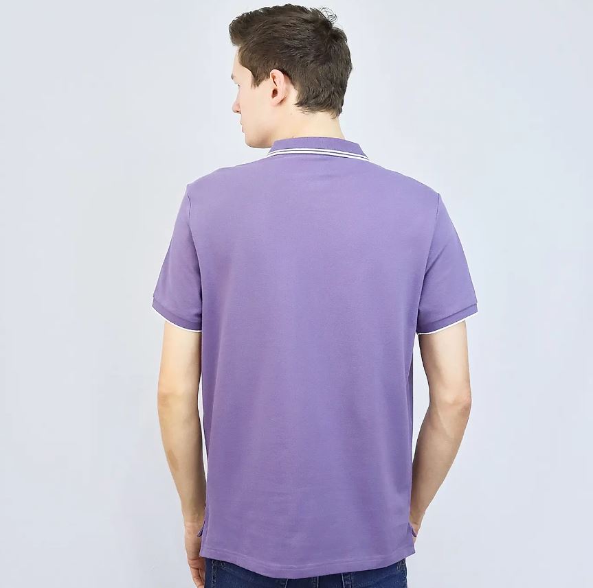 قميص بولو قطني/ليكرا بيكيه بياقة محبوكة وأكمام قصيرة وقصة ضيقة بلون موحد