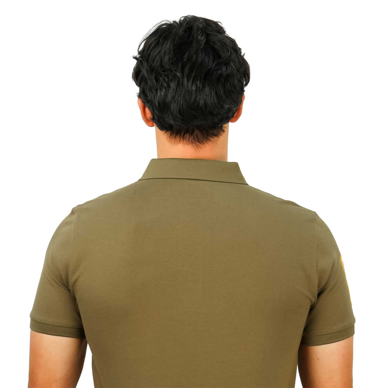 قميص بولو نابليون قصير الأكمام مطرز بتطريز رفيع، مصنوع من قماش البيكيه القطني/الليكرا، بياقة محبوكة مسطحة