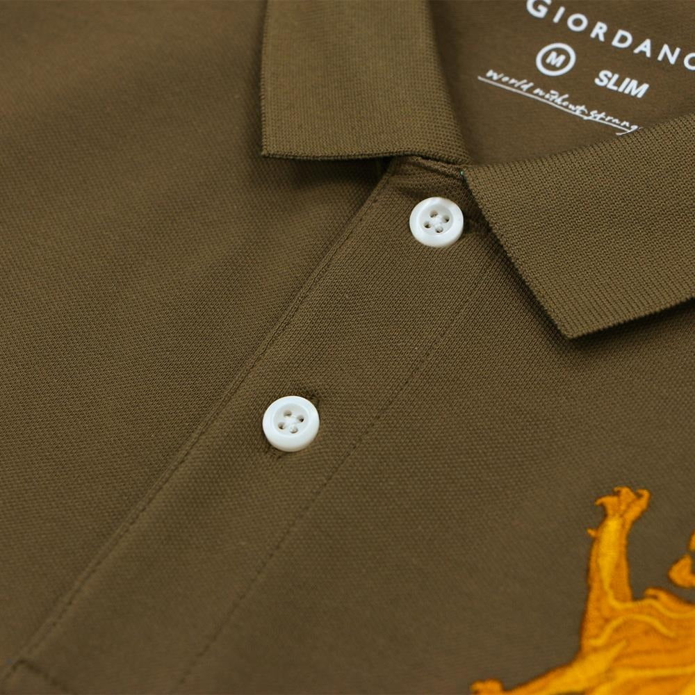 Cotton/Lycra Pique Flat Knitted Collar Short Sleeve Slim Embroidery Lion Polo