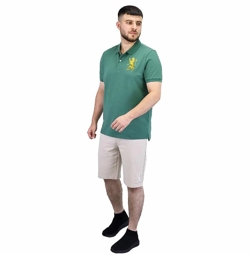 قميص بولو قصير الأكمام بتطريز جريء، مصنوع من القطن/ليكرا بيكيه، بياقة محبوكة