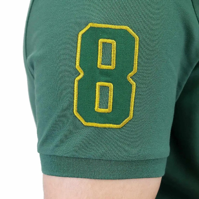 قميص بولو قصير الأكمام بتطريز جريء، مصنوع من القطن/ليكرا بيكيه، بياقة محبوكة