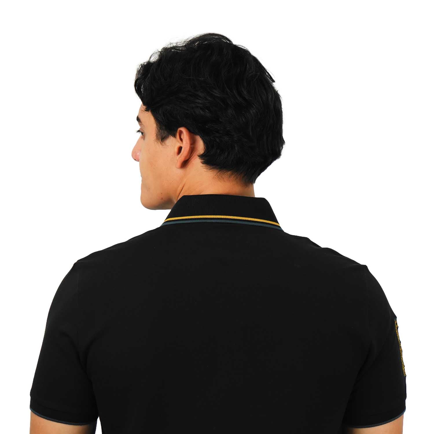 قميص بولو نابليون قصير الأكمام مطرز بتطريز رفيع، مصنوع من قماش البيكيه القطني/الليكرا، بياقة محبوكة مسطحة