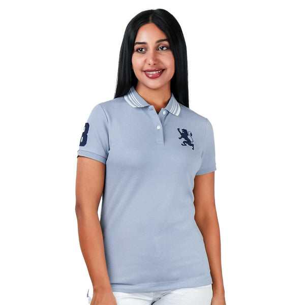 Women Cotton/Lycra Pique Flat Knitted Collar Short Sleeve Classic Slim Embroidery Bold Polo