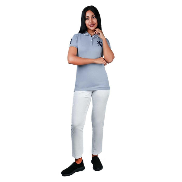 Women Cotton/Lycra Pique Flat Knitted Collar Short Sleeve Classic Slim Embroidery Bold Polo