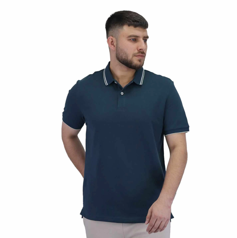 قميص بولو قطني/ليكرا بيكيه بياقة محبوكة وأكمام قصيرة وقصة ضيقة بلون موحد