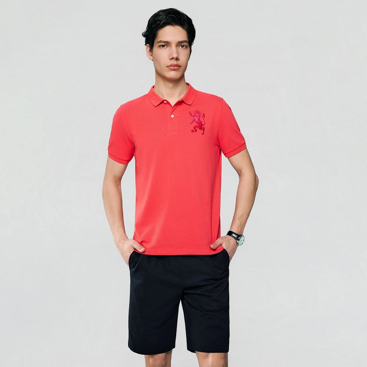 Men's Slim Fit 3D Lion Embroidery Lycra Pique Polo