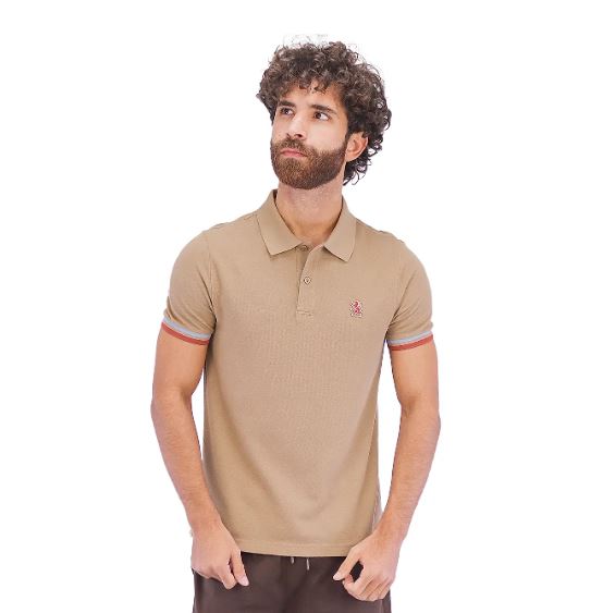 Cotton Pique Knitted Collar Short Sleeve Tapered Embroidery Polo (Solid Lion)