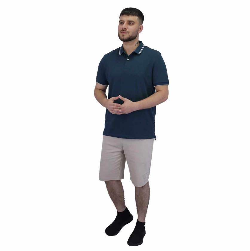 قميص بولو قطني/ليكرا بيكيه بياقة محبوكة وأكمام قصيرة وقصة ضيقة بلون موحد