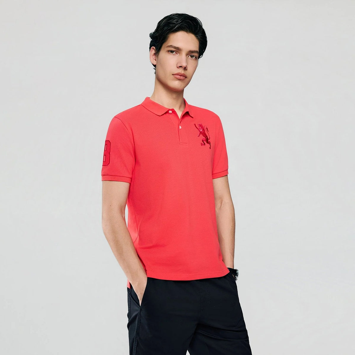 Men's Slim Fit 3D Lion Embroidery Lycra Pique Polo