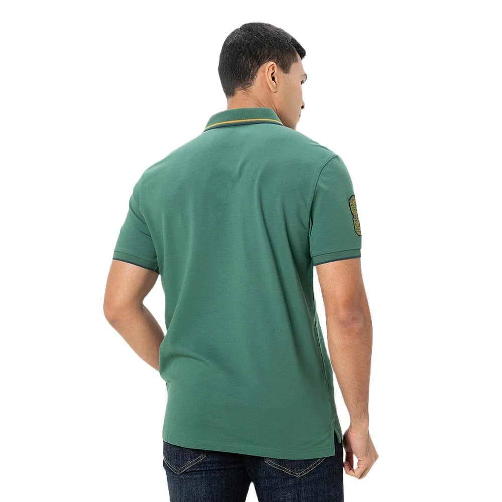 قميص بولو نابليون قصير الأكمام مطرز بتطريز رفيع، مصنوع من قماش البيكيه القطني/الليكرا، بياقة محبوكة مسطحة