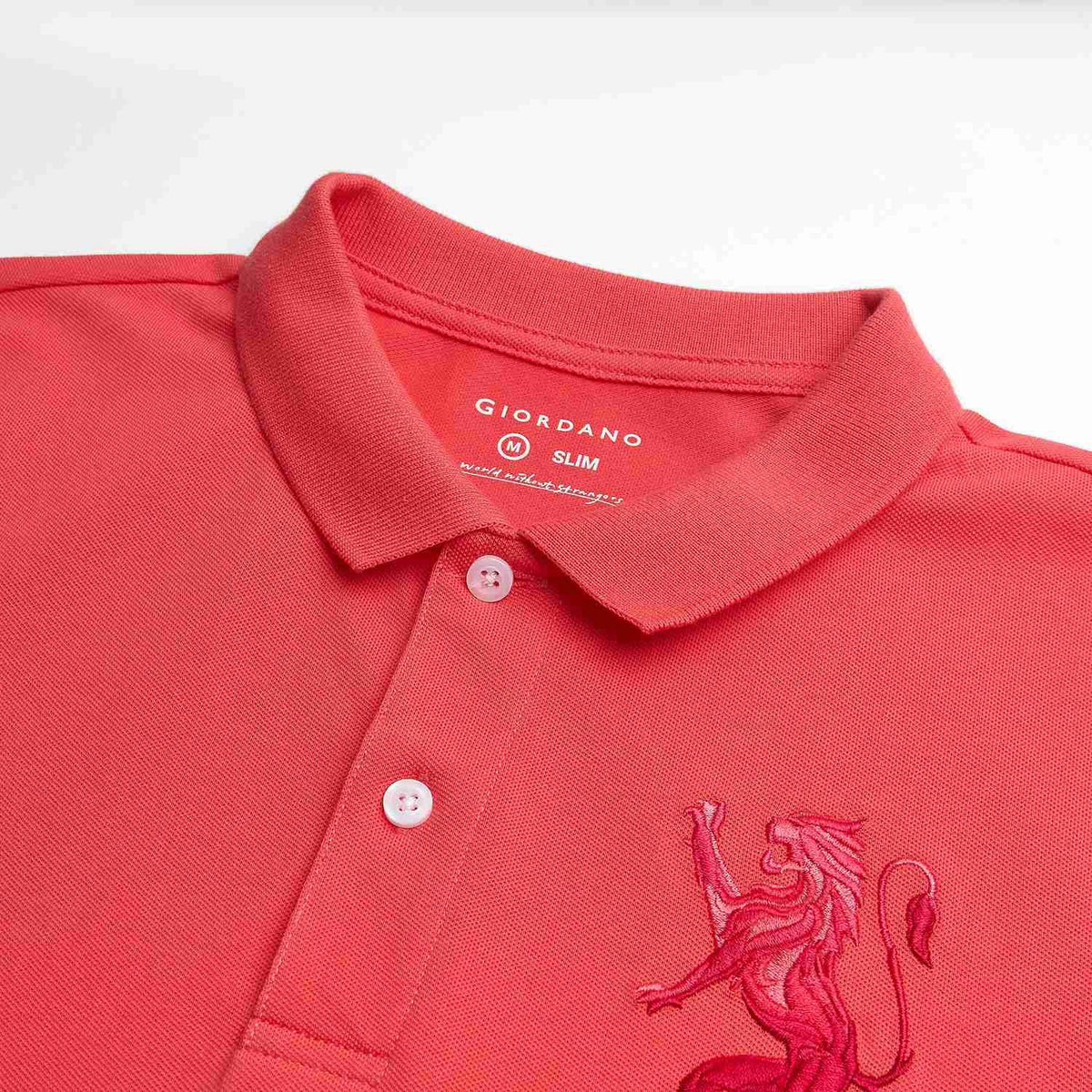 Men's Slim Fit 3D Lion Embroidery Lycra Pique Polo