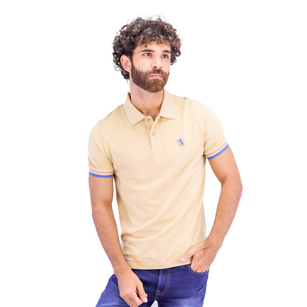 Cotton Pique Knitted Collar Short Sleeve Tapered Embroidery Polo (Solid Lion)