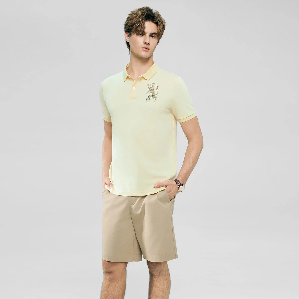 Men's Slim Fit 3D Lion Embroidery Lycra Pique Polo