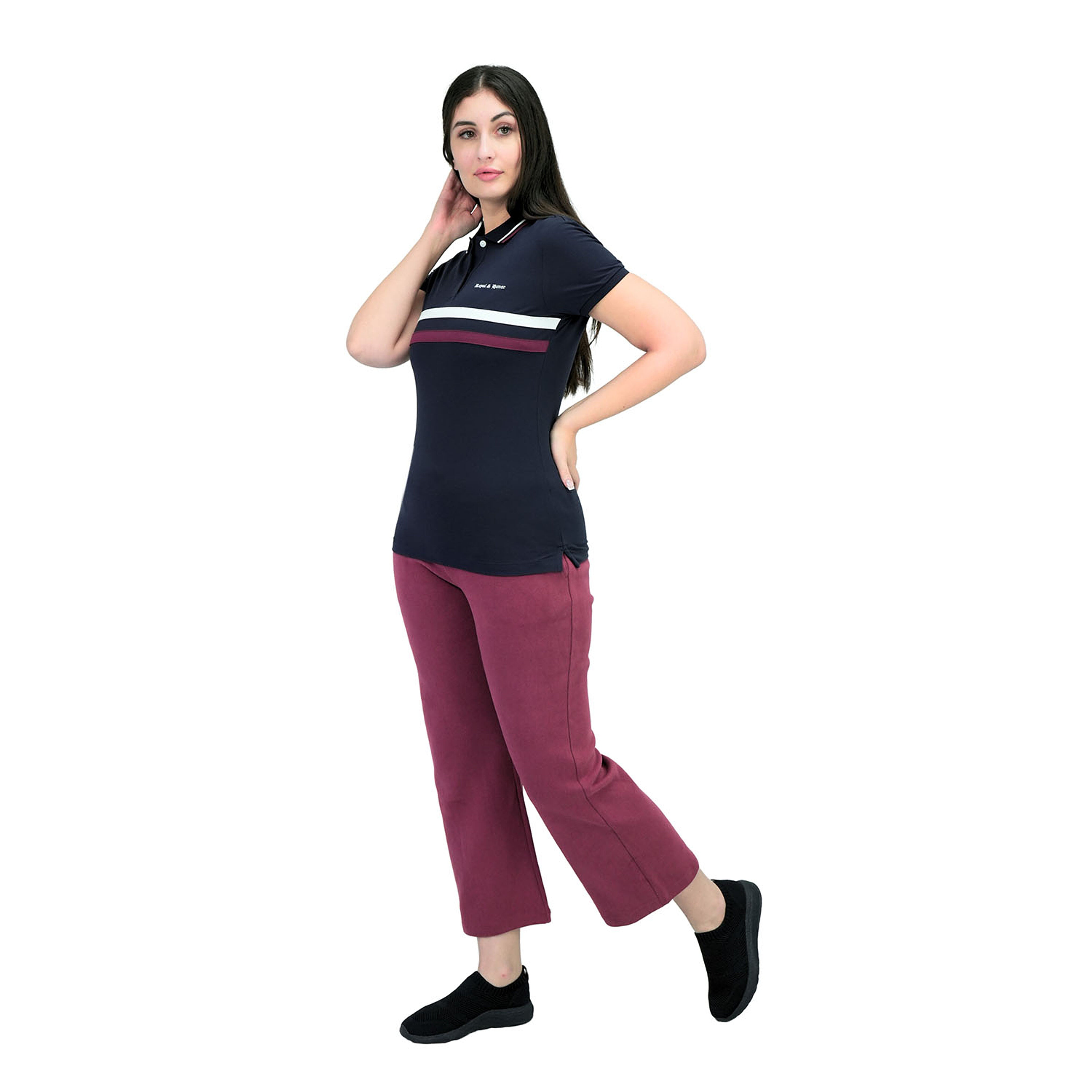 Women Cotton/Lycra Pique Flat Knitted Collar Short Sleeve Classic Slim Embroidery Bold Polo