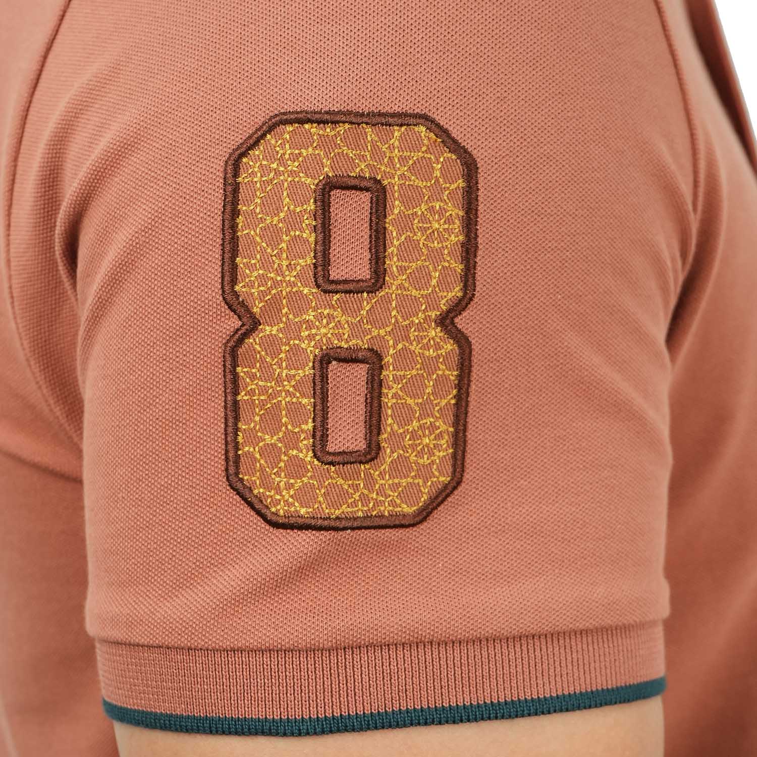 قميص بولو نابليون قصير الأكمام مطرز بتطريز رفيع، مصنوع من قماش البيكيه القطني/الليكرا، بياقة محبوكة مسطحة