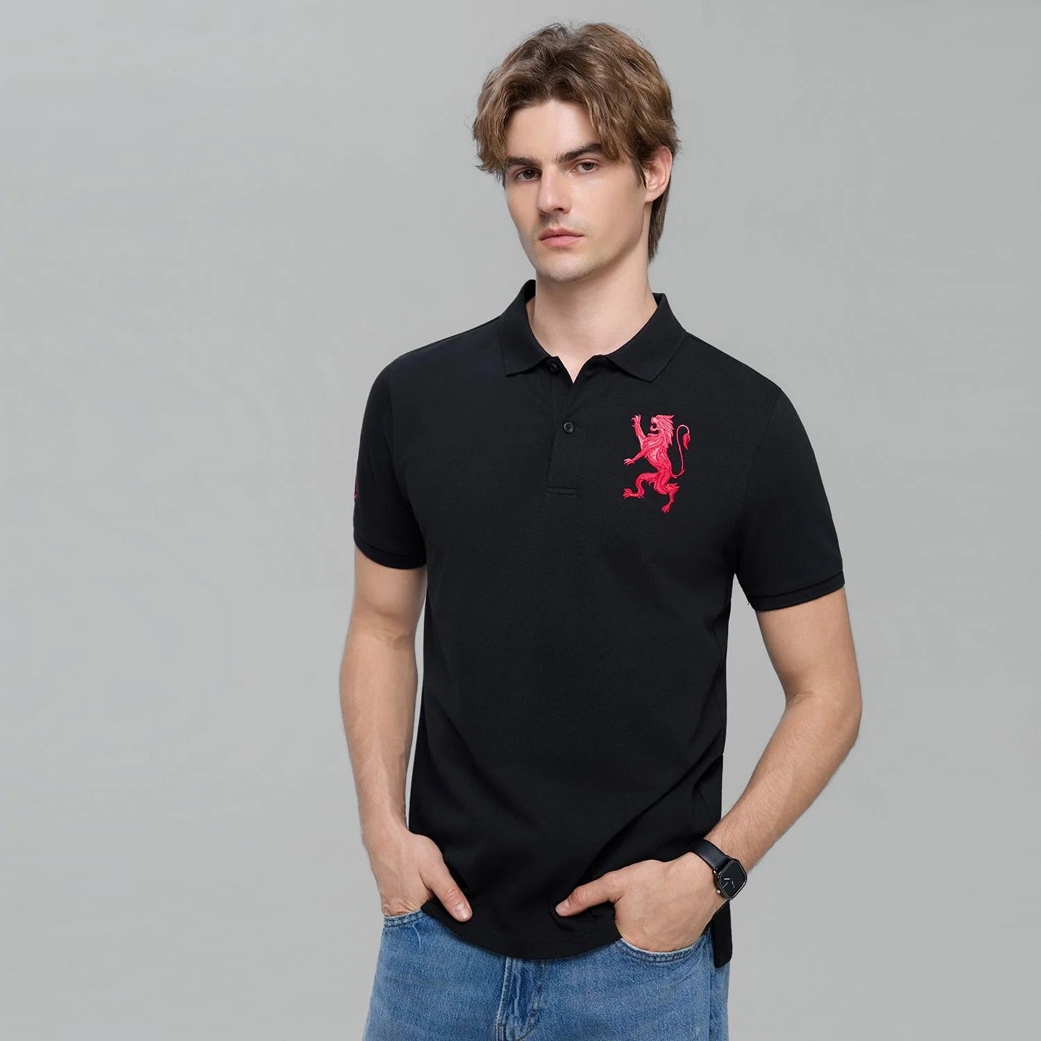 Men's Slim Fit 3D Lion Embroidery Lycra Pique Polo
