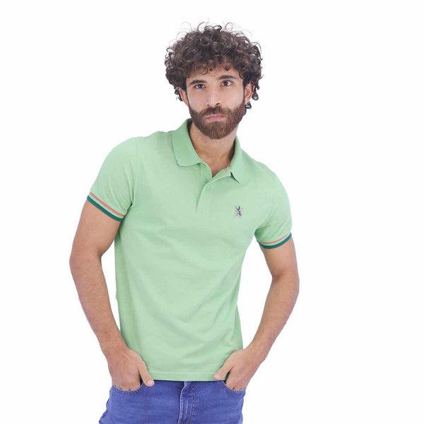 Cotton Pique Knitted Collar Short Sleeve Tapered Embroidery Polo (Solid Lion)