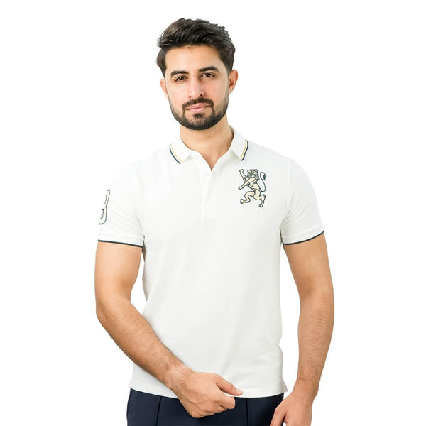 Cotton/Lycra Pique Flat Knitted Collar Short Sleeve Slim Embroidery Lion Polo