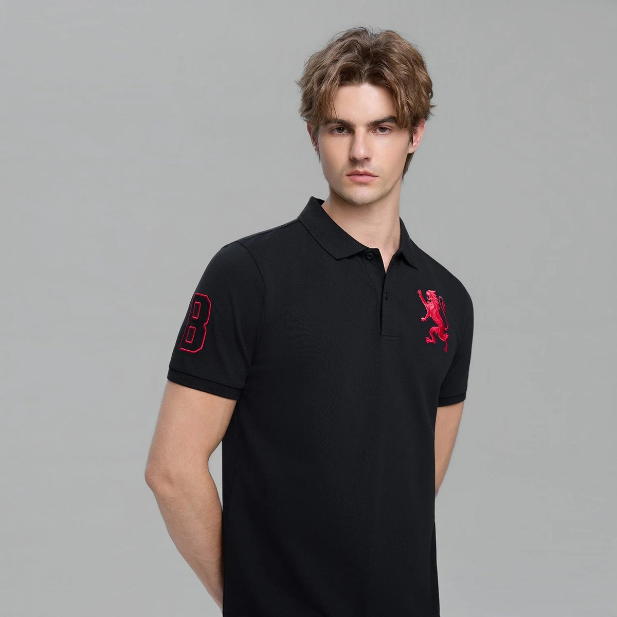 Men's Slim Fit 3D Lion Embroidery Lycra Pique Polo
