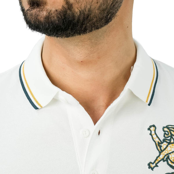 Cotton/Lycra Pique Flat Knitted Collar Short Sleeve Slim Embroidery Lion Polo