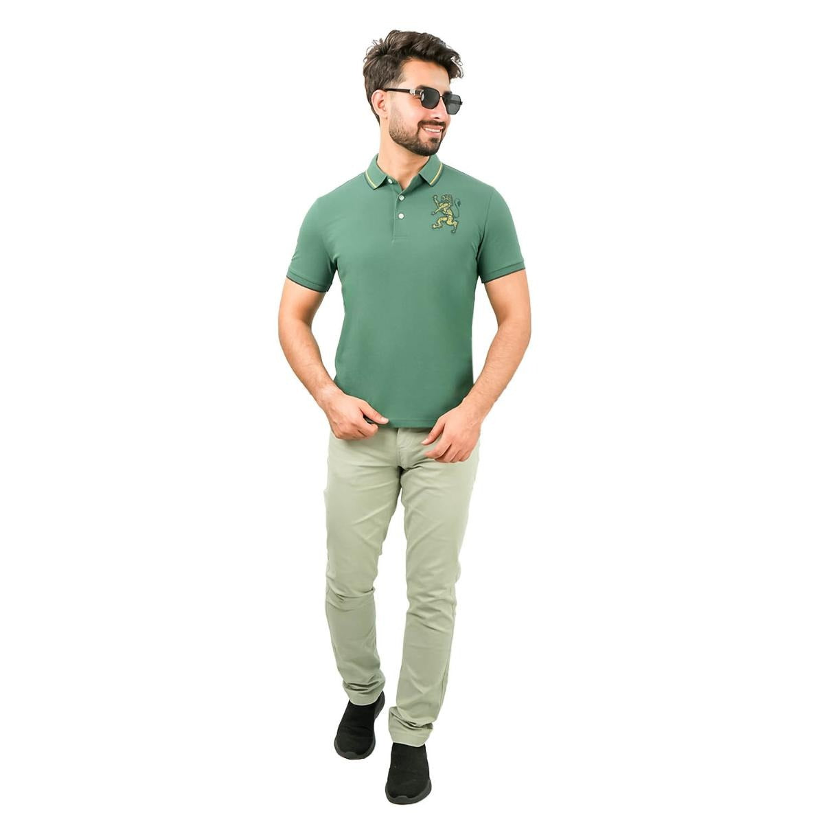 Cotton/Lycra Pique Flat Knitted Collar Short Sleeve Slim Embroidery Lion Polo