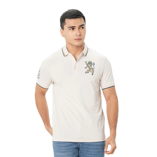 Cotton/Lycra Pique Flat Knitted Collar Short Sleeve Slim Embroidery Lion Polo