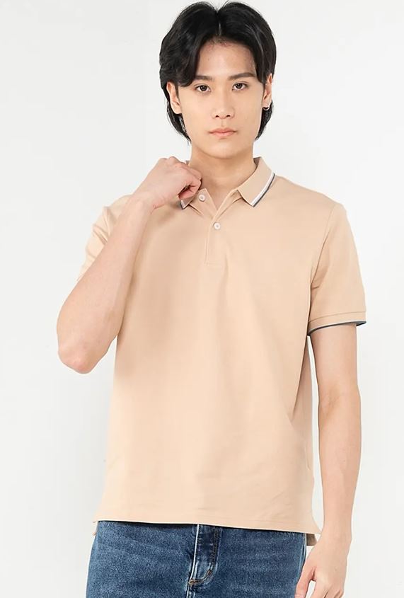 قميص بولو قطني/ليكرا بيكيه بياقة محبوكة وأكمام قصيرة وقصة ضيقة بلون موحد