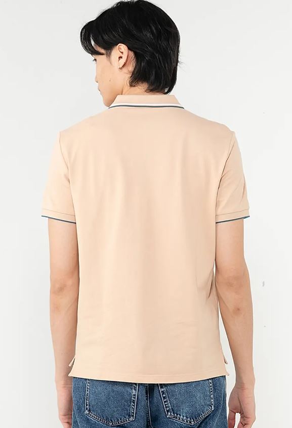 قميص بولو قطني/ليكرا بيكيه بياقة محبوكة وأكمام قصيرة وقصة ضيقة بلون موحد