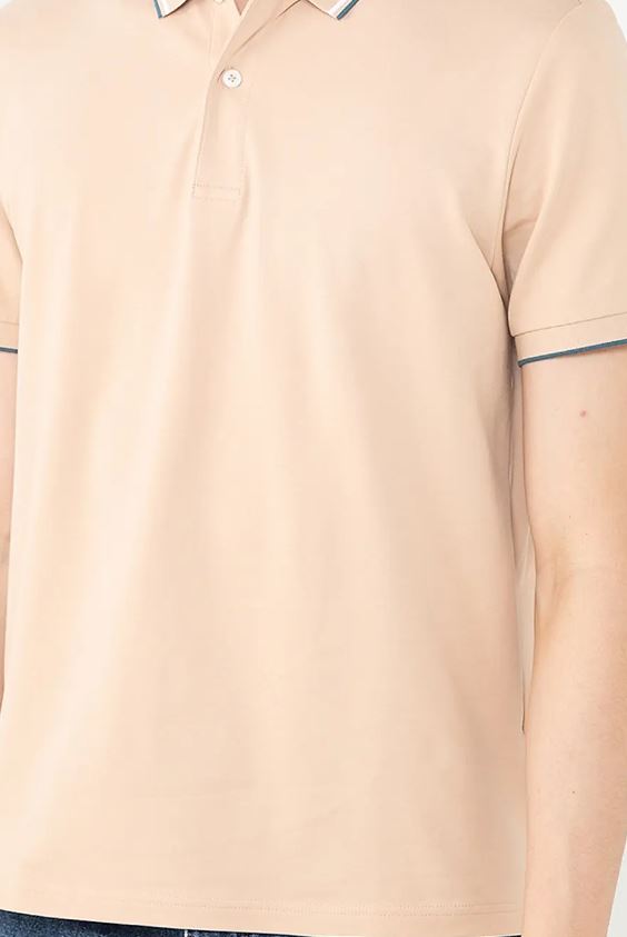 قميص بولو قطني/ليكرا بيكيه بياقة محبوكة وأكمام قصيرة وقصة ضيقة بلون موحد