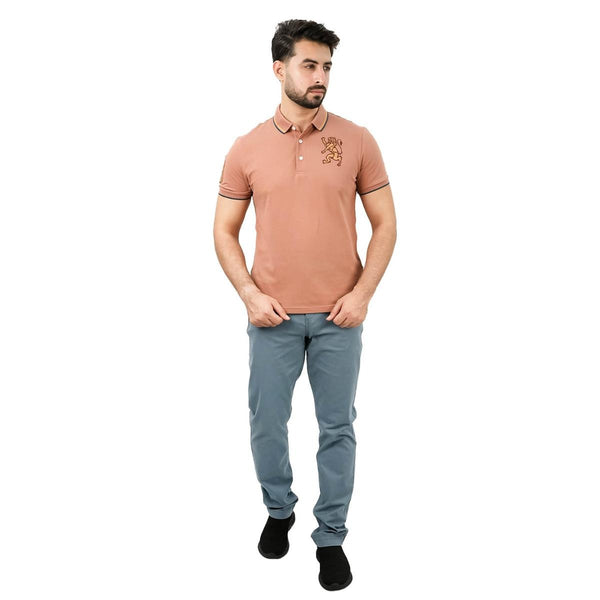 Cotton/Lycra Pique Flat Knitted Collar Short Sleeve Slim Embroidery Lion Polo