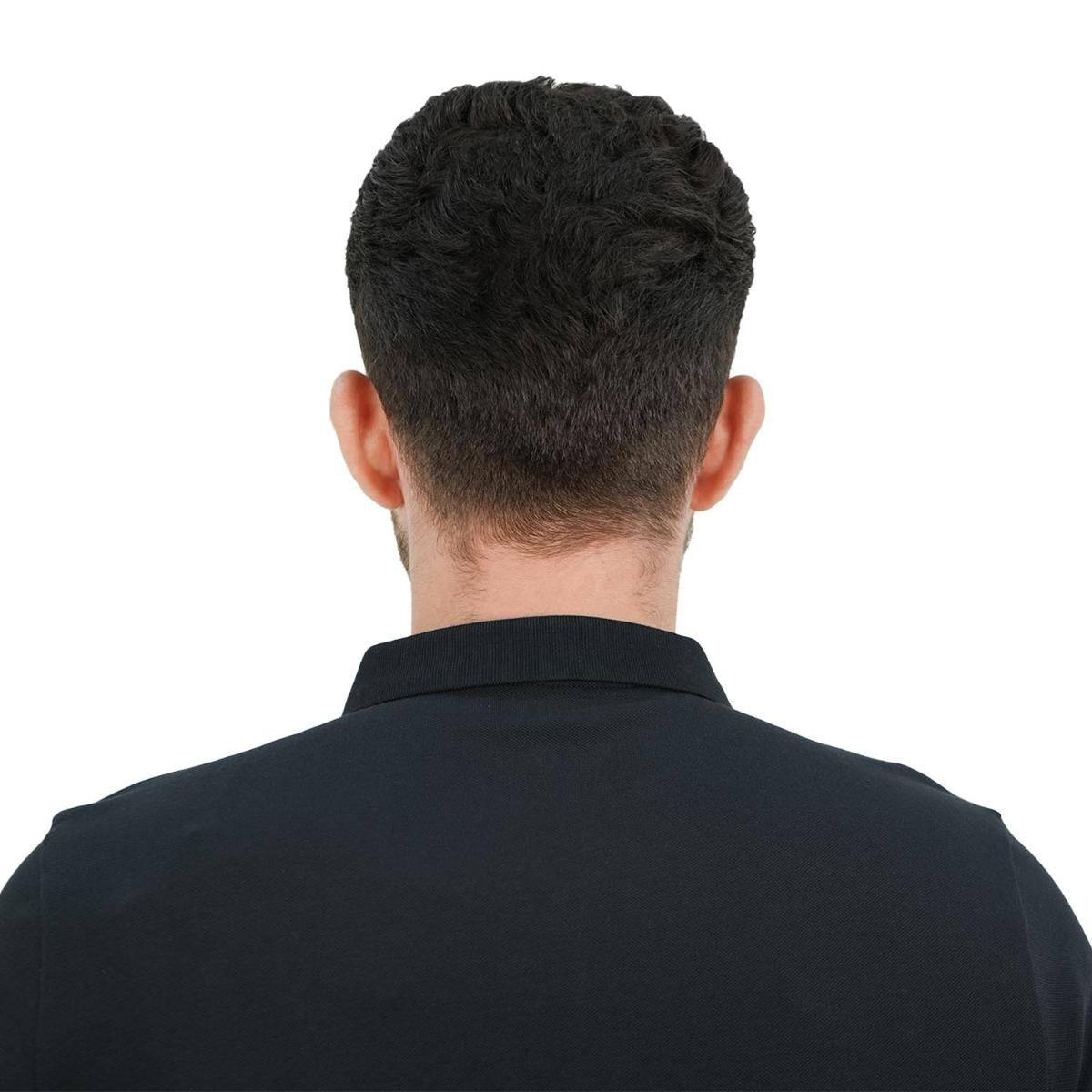 قميص بولو نابليون قصير الأكمام مطرز بتطريز رفيع، مصنوع من قماش البيكيه القطني/الليكرا، بياقة محبوكة مسطحة