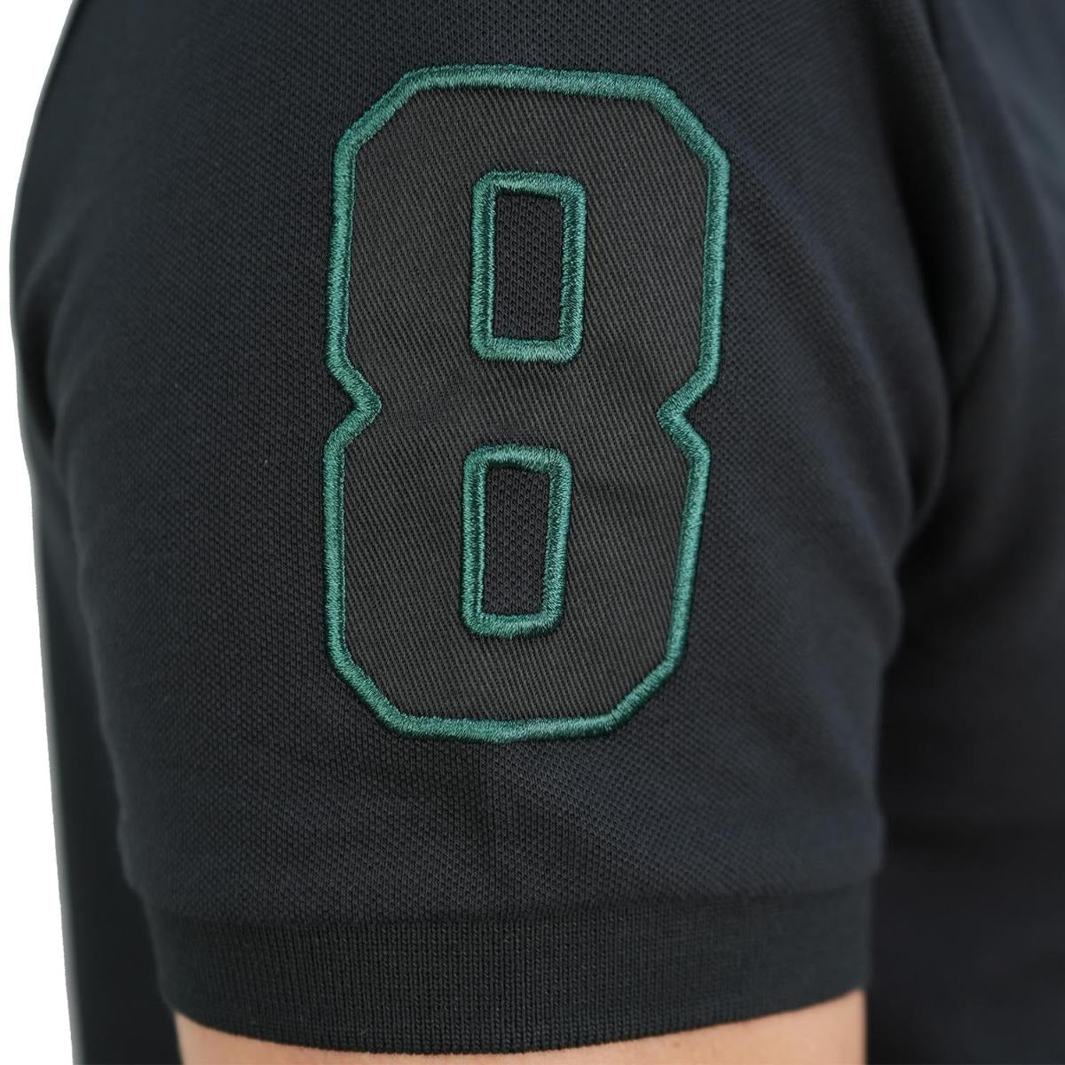 قميص بولو نابليون قصير الأكمام مطرز بتطريز رفيع، مصنوع من قماش البيكيه القطني/الليكرا، بياقة محبوكة مسطحة