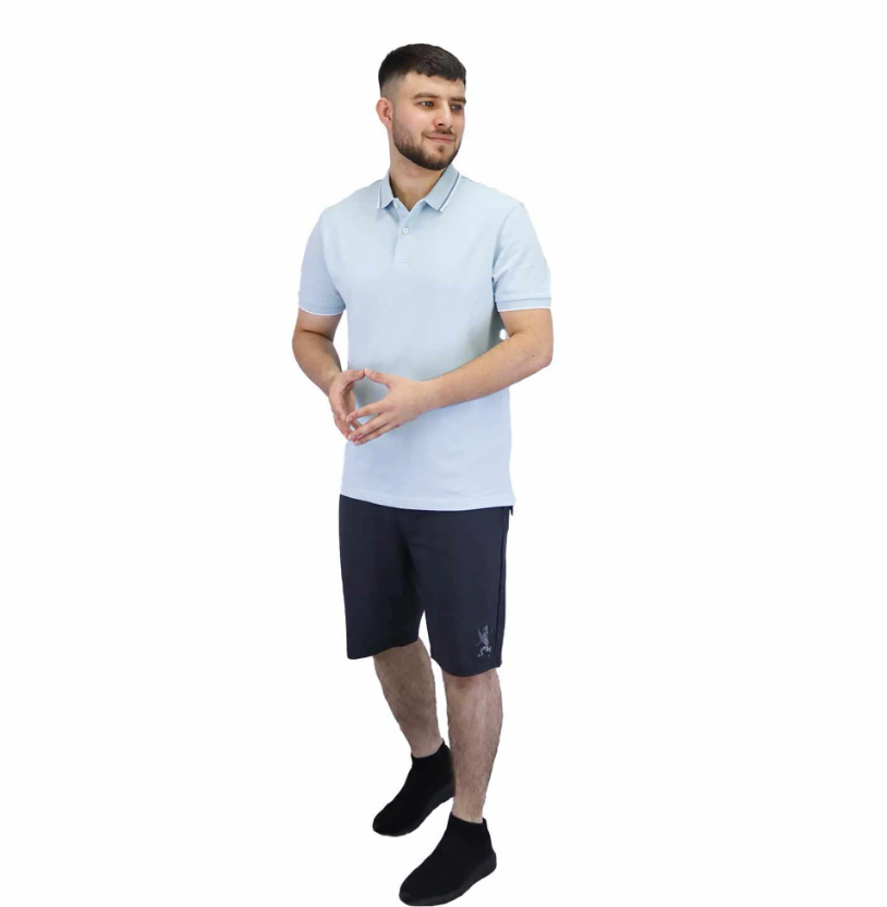 قميص بولو قطني/ليكرا بيكيه بياقة محبوكة وأكمام قصيرة وقصة ضيقة بلون موحد