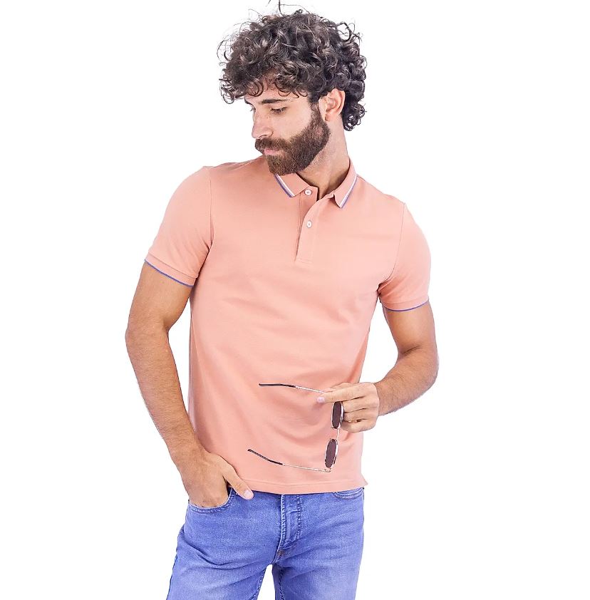 قميص بولو قطني/ليكرا بيكيه بياقة محبوكة وأكمام قصيرة وقصة ضيقة بلون موحد