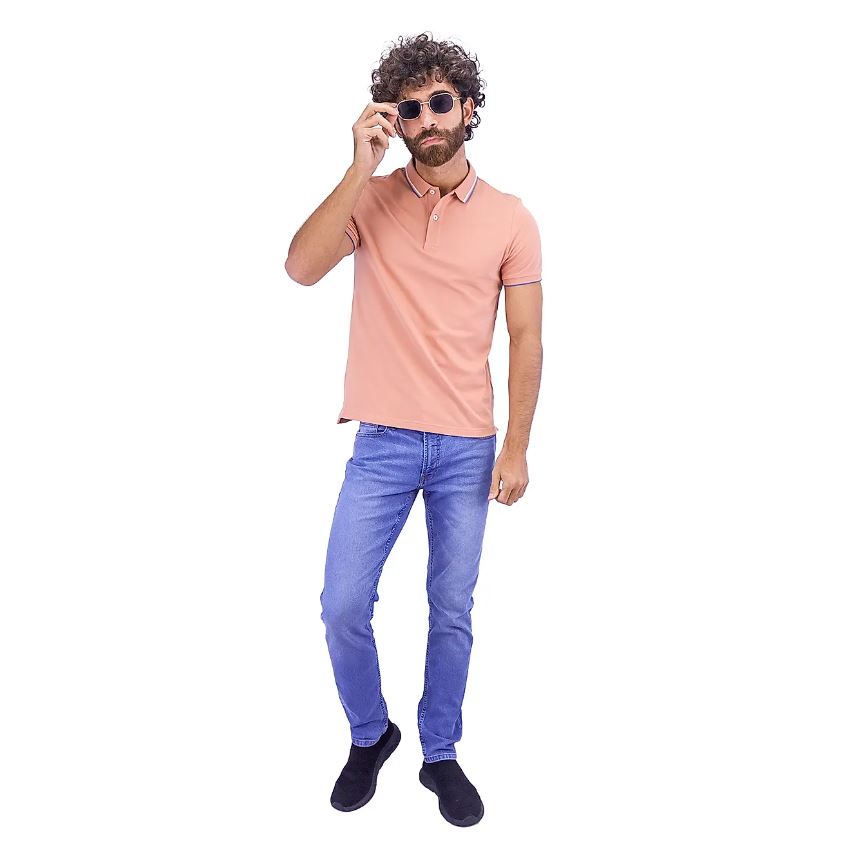 قميص بولو قطني/ليكرا بيكيه بياقة محبوكة وأكمام قصيرة وقصة ضيقة بلون موحد