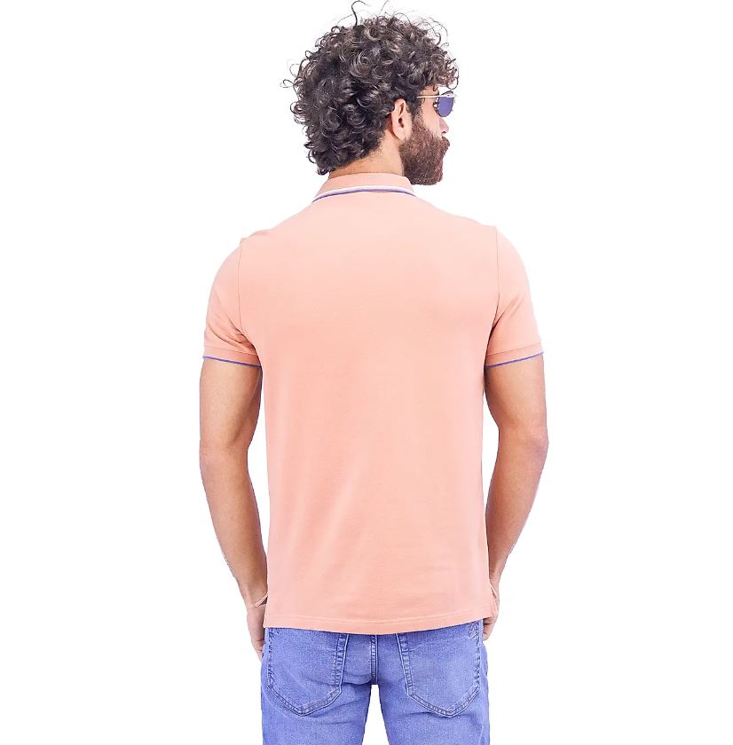 قميص بولو قطني/ليكرا بيكيه بياقة محبوكة وأكمام قصيرة وقصة ضيقة بلون موحد