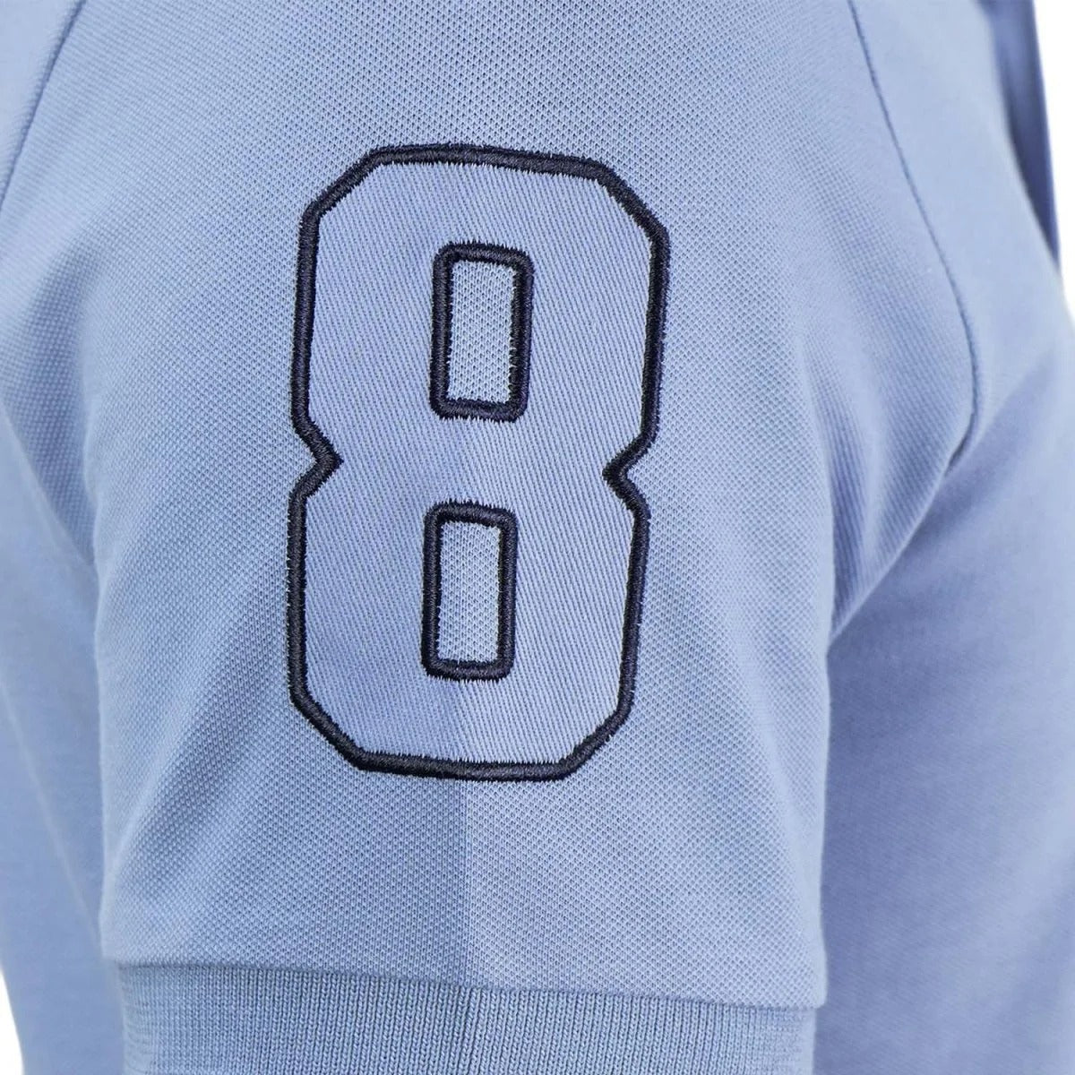 قميص بولو نابليون قصير الأكمام مطرز بتطريز رفيع، مصنوع من قماش البيكيه القطني/الليكرا، بياقة محبوكة مسطحة