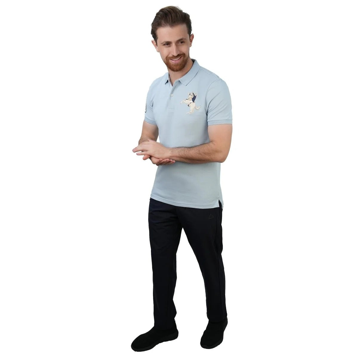 Cotton/Lycra Pique Flat Knitted Collar Short Sleeve Slim Embroidery Napoleon Polo