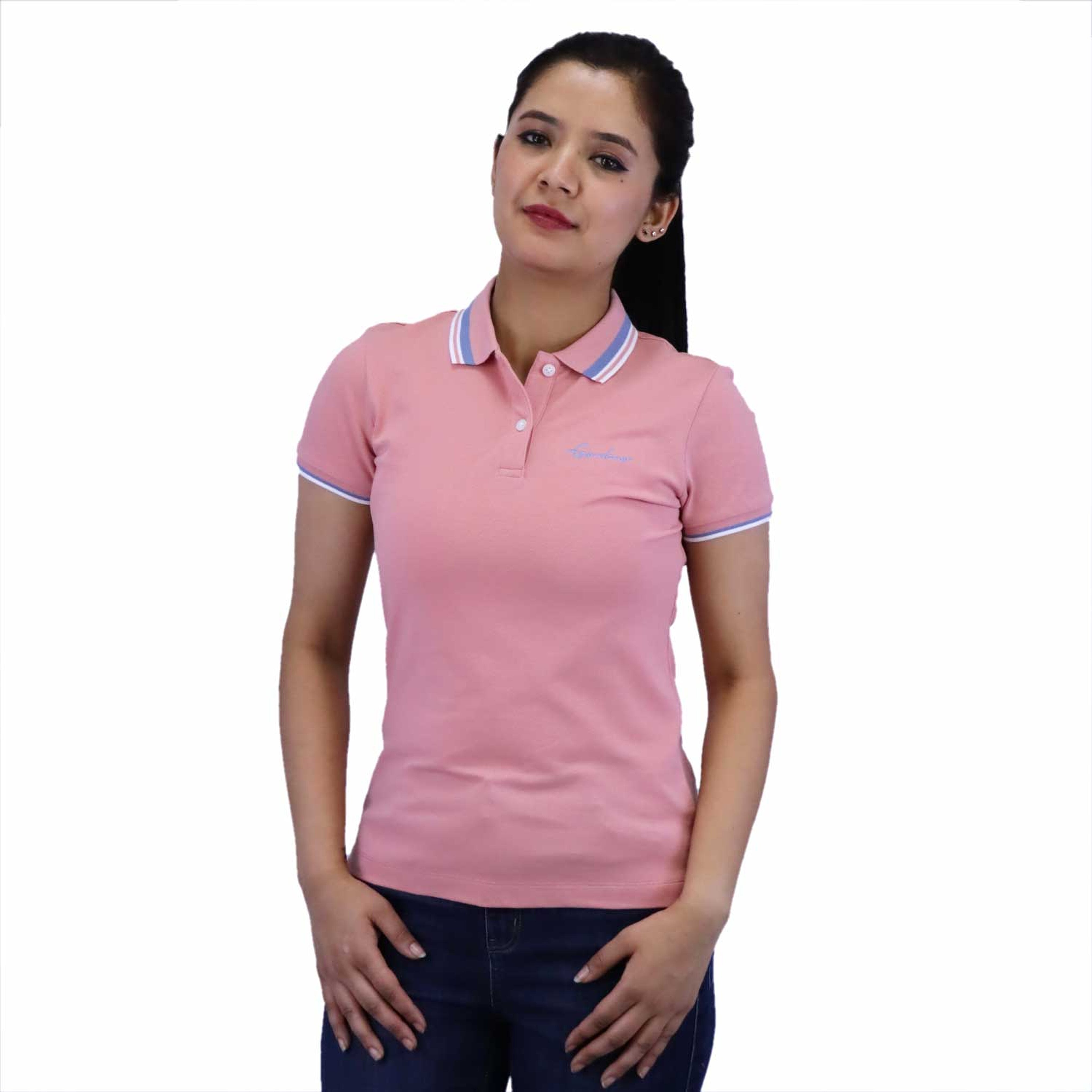 Women Cotton/Lycra Pique Flat Knitted Collar Short Sleeve Classic Slim Embroidery Polo