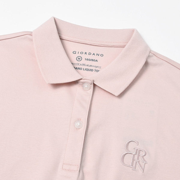 Women Cotton Interlock Flat Knitted Collar Short Sleeve Embroidery Solid Polo