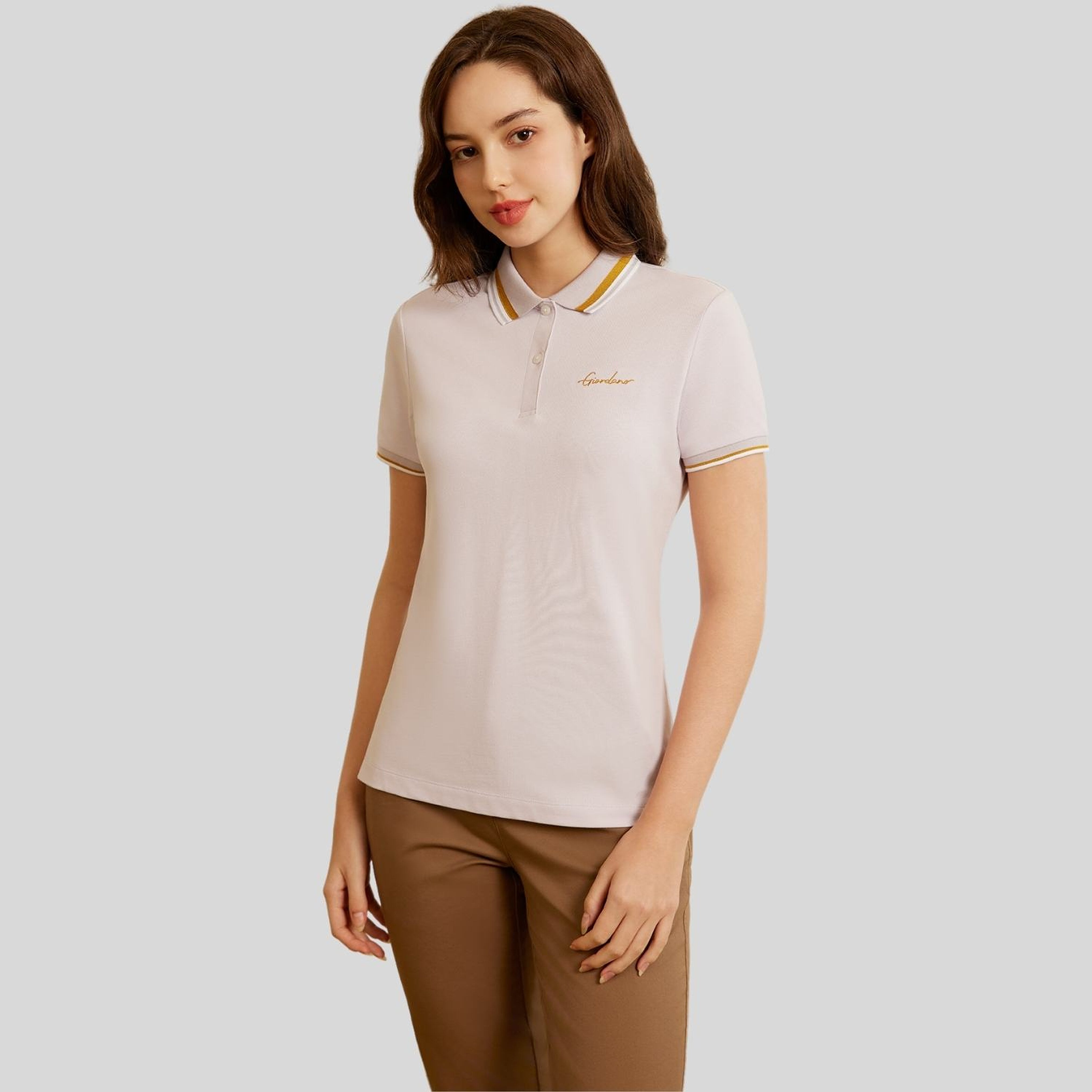Women Cotton/Lycra Pique Flat Knitted Collar Short Sleeve Classic Slim Embroidery Polo