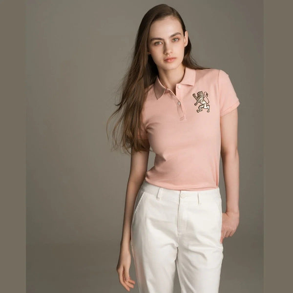 Women Cotton/Lycra Pique Flat Knitted Collar Short Sleeve Classic Slim Embroidery Bold Polo