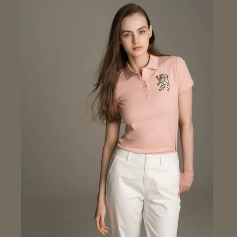 Women Cotton/Lycra Pique Flat Knitted Collar Short Sleeve Classic Slim Embroidery Bold Polo