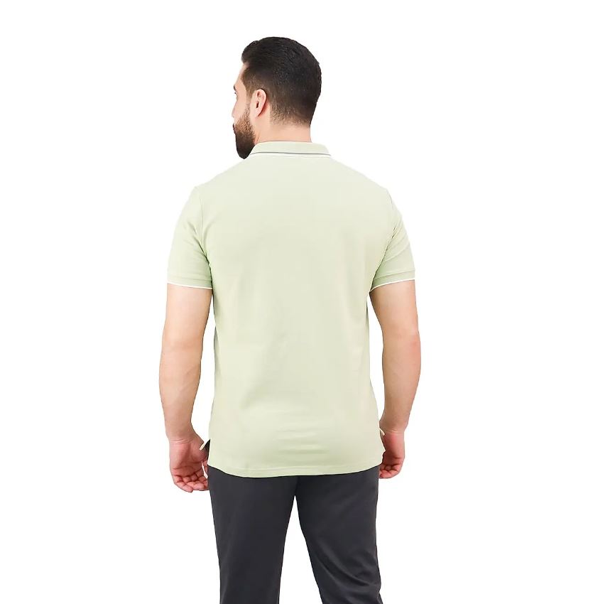 قميص بولو قطني/ليكرا بيكيه بياقة محبوكة وأكمام قصيرة وقصة ضيقة بلون موحد